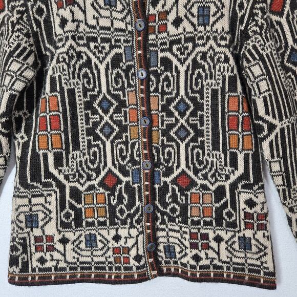 Intiwara 100% Alpaca Cardigan S Multicolor Geo Print Button Front Hand Made - Picture 3 of 13